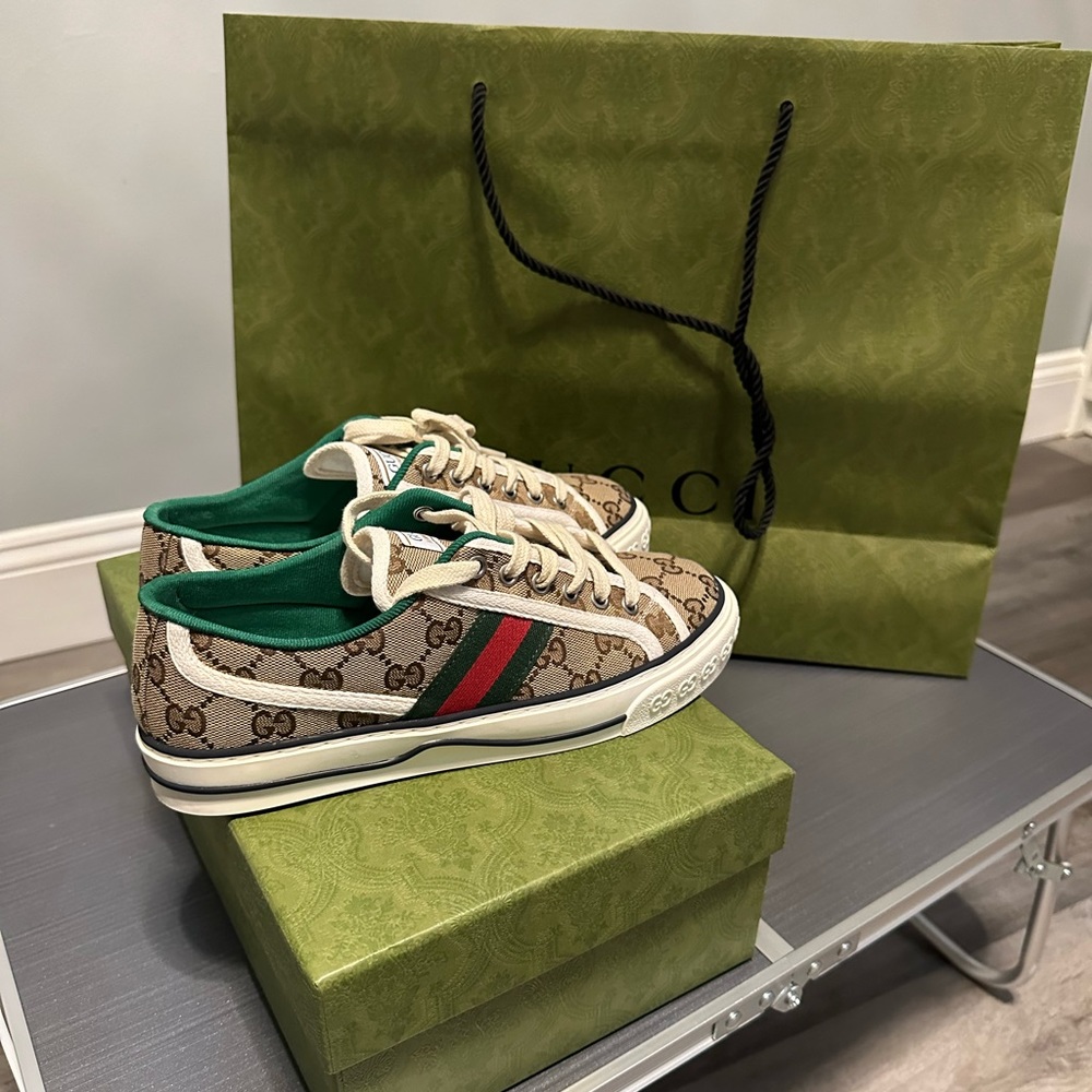 Gucci Beige GG Canvas Sneakers with Green and Red Stripe